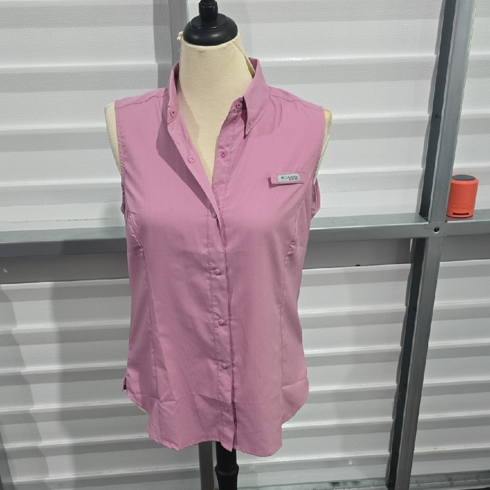 Columbia Pink Sleeveless Button Down Shirt Mandarin Collar Size Large